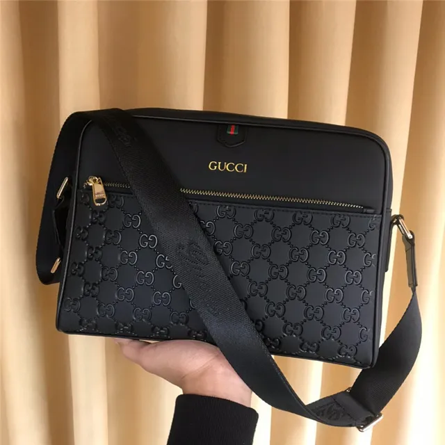 Gucci Screener Black Gold Embossed GG Monogram Front Zip Pocket Crossbody Bag 8