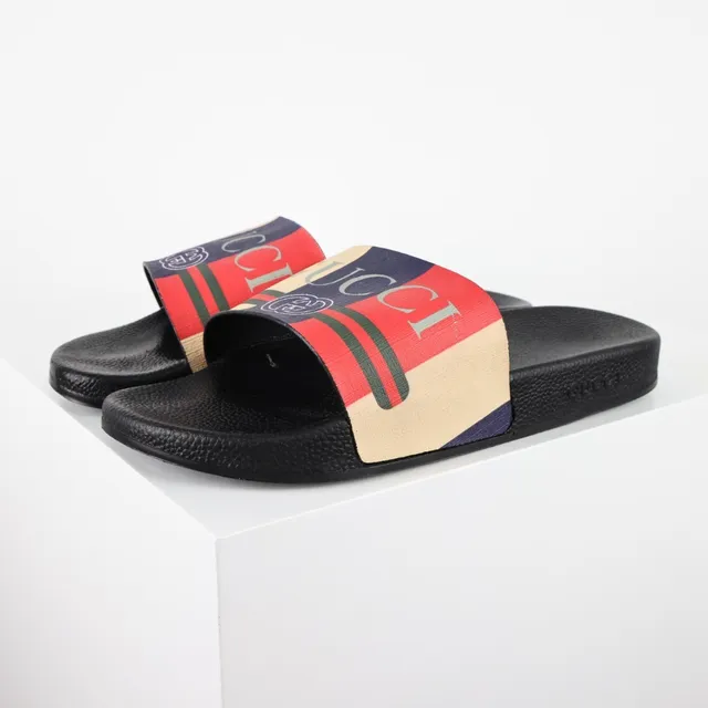 Gucci Screener Black Multicolor Logo-Print Strap Web Stripe Detail Slippers 2