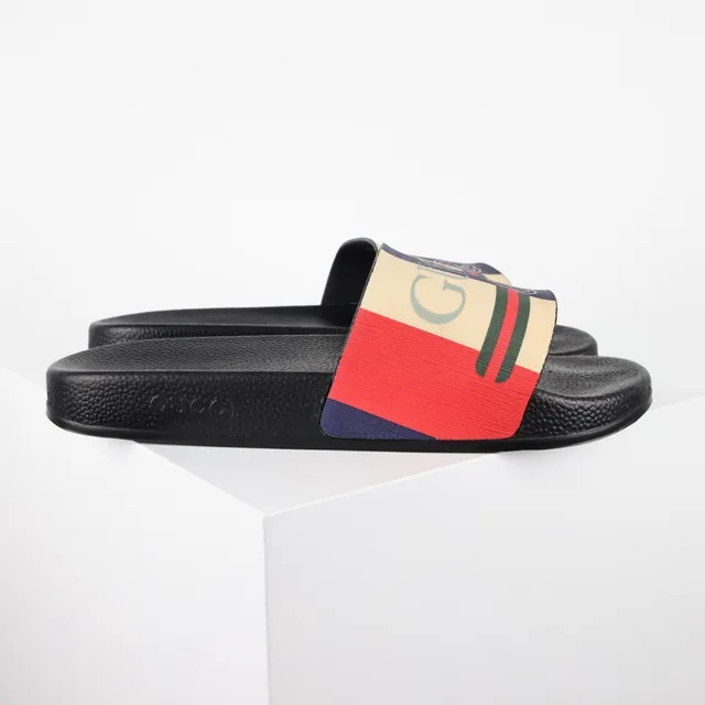 Gucci Screener Black Multicolor Logo-Print Strap Web Stripe Detail Slippers 3