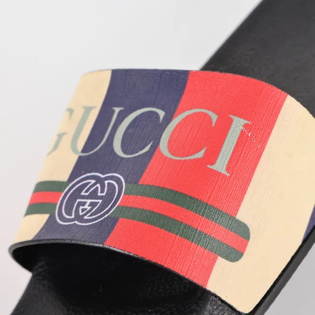 Gucci Screener Black Multicolor Logo-Print Strap Web Stripe Detail Slippers 6