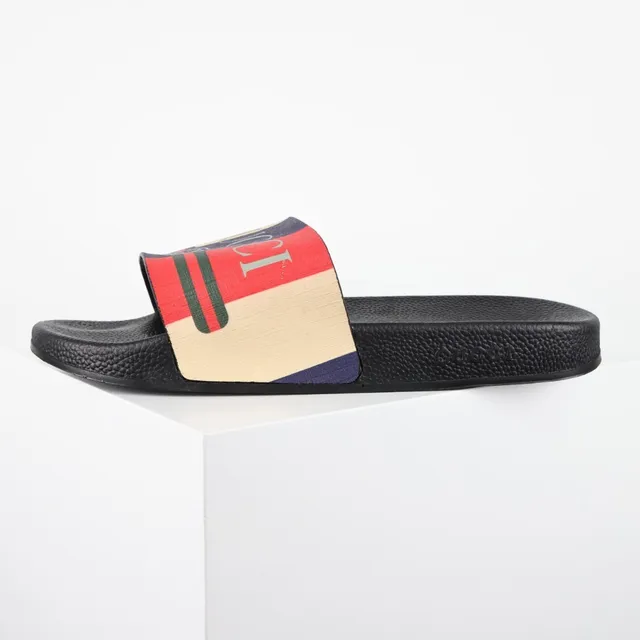 Gucci Screener Black Multicolor Logo-Print Strap Web Stripe Detail Slippers 9