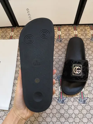 Gucci Screener Black Velvet Strap Interlocking G Logo Slippers 2