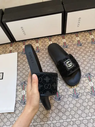 Gucci Screener Black Velvet Strap Interlocking G Logo Slippers 4