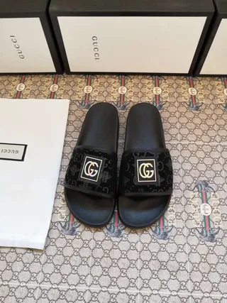 Gucci Screener Black Velvet Strap Interlocking G Logo Slippers 5