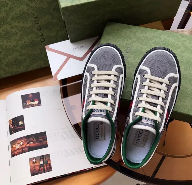 Gucci Screener Gray Green GG Monogram Mesh Upper Web Stripe Accent Lifestyle Sneakers 9