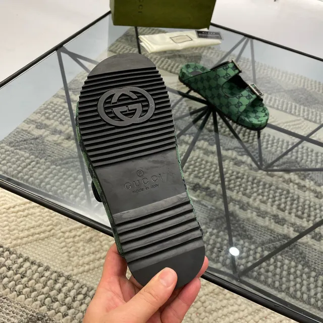 Gucci Screener Green GG Monogram Double Buckle Slippers 2