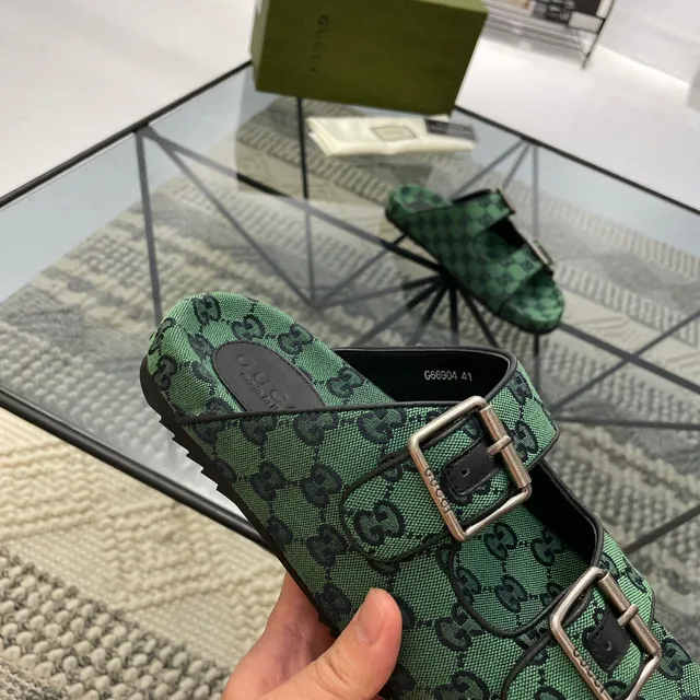 Gucci Screener Green GG Monogram Double Buckle Slippers 3