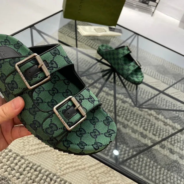 Gucci Screener Green GG Monogram Double Buckle Slippers 4