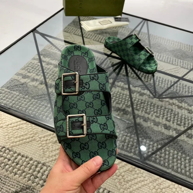 Gucci Screener Green GG Monogram Double Buckle Slippers 5