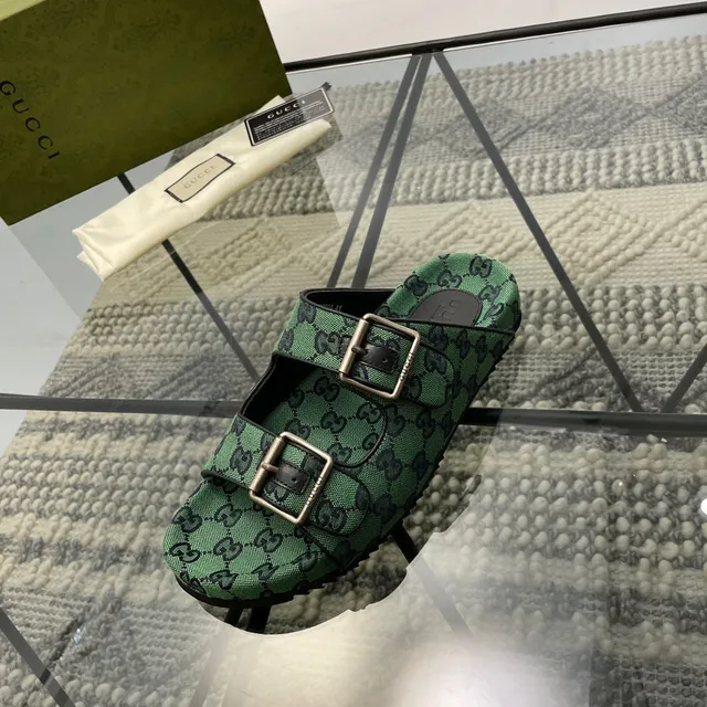 Gucci Screener Green GG Monogram Double Buckle Slippers 6