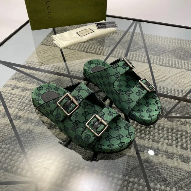 Gucci Screener Green GG Monogram Double Buckle Slippers 7