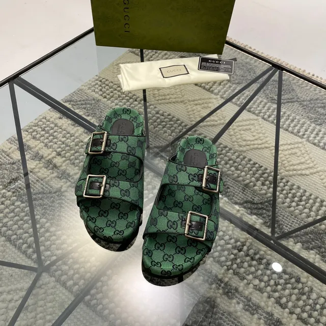 Gucci Screener Green GG Monogram Double Buckle Slippers 9