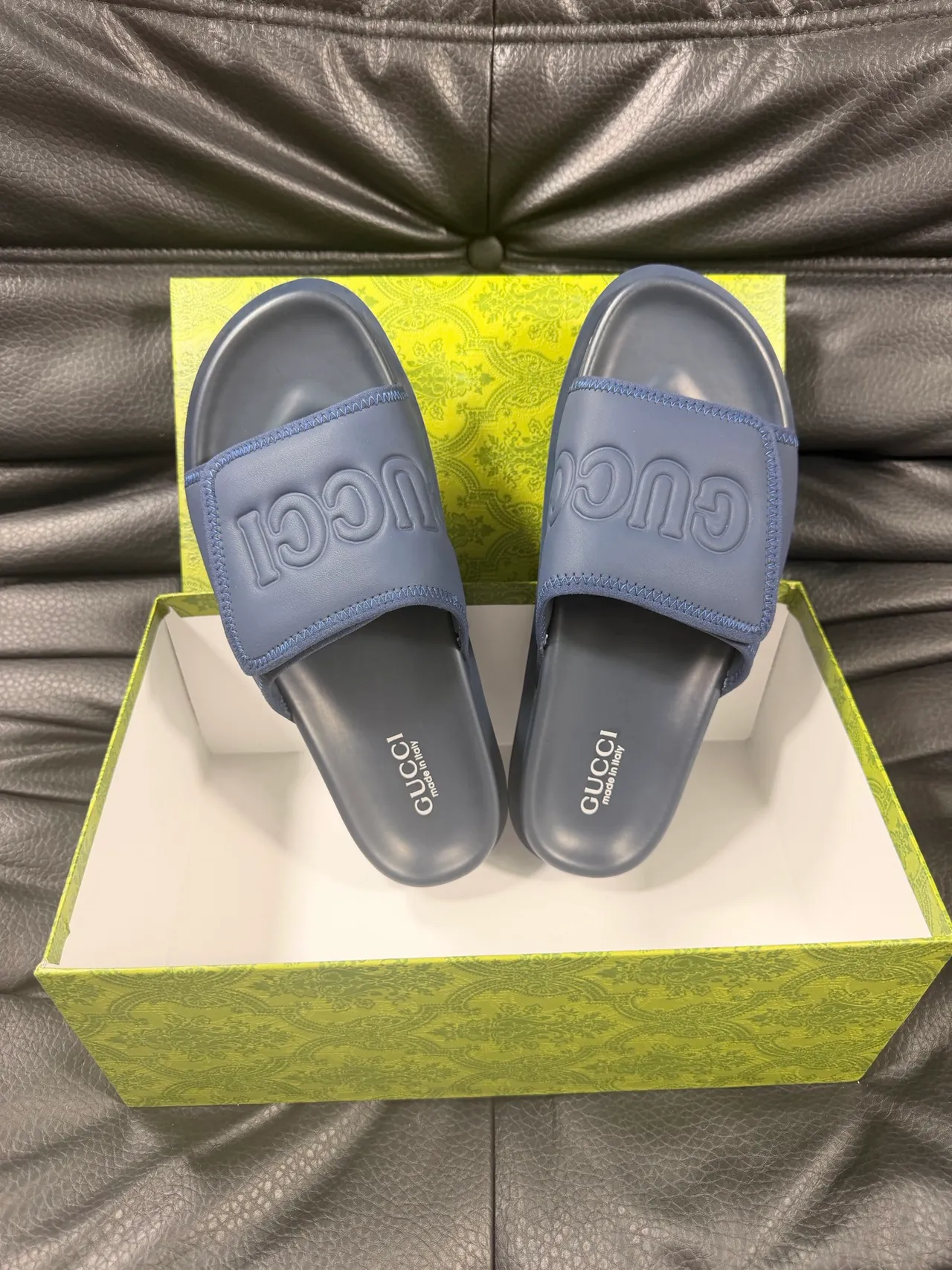 Gucci Screener Navy Molded Rubber Construction Embossed Interlocking G Logo Slippers 3