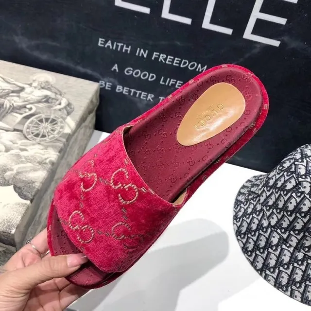 Gucci Screener Red Velvet Interlocking G Monogram Slippers 7