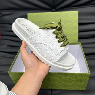 Gucci Screener White Green Embossed GG Monogram Olive Ribbon Laces Slippers