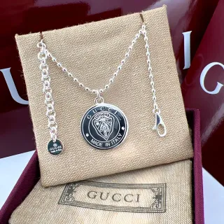 Gucci Silver Black Ball-Chain Circular Medallion Pendant Necklace