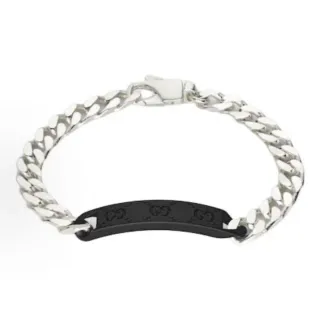 Gucci Pulsera Cadena Curb Plata y Negro con Placa