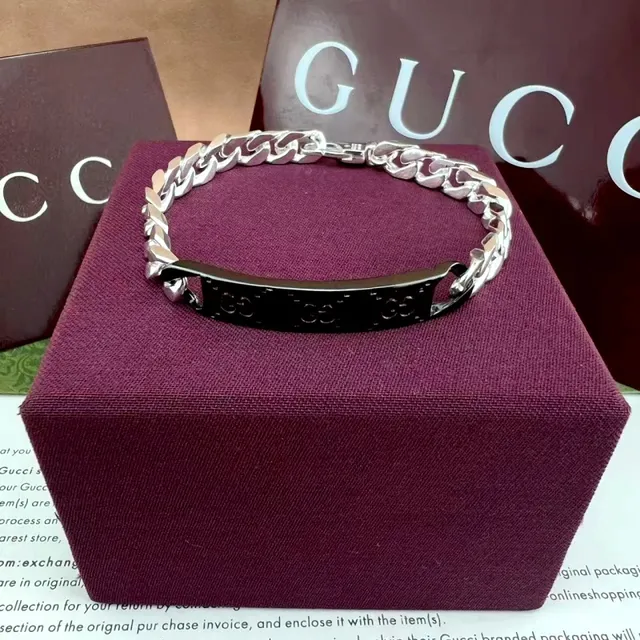 Gucci Silver Black Curb Chain Plaque Bracelet 6