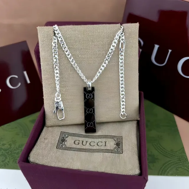 Gucci Silver Black Curb Chain Plaque Bracelet 7