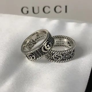 Gucci Silver Black Engraved Interlocking G Logo Oxidized Detailing Ring