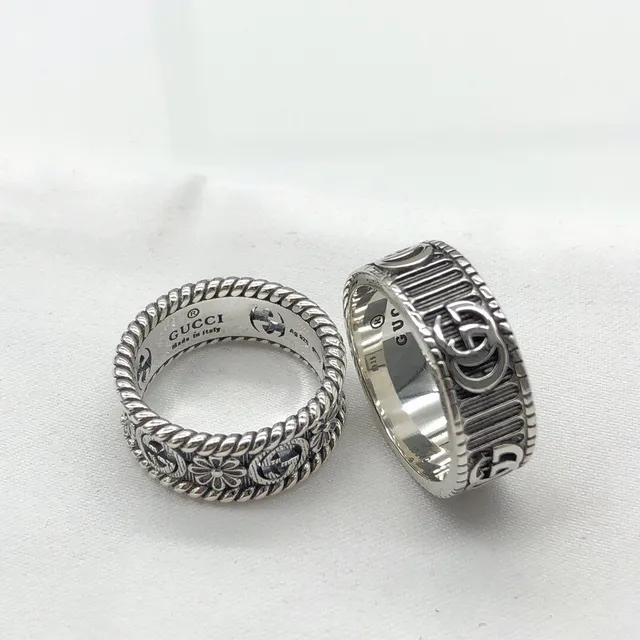 Gucci Silver Black Engraved Interlocking G Logo Oxidized Detailing Ring 4
