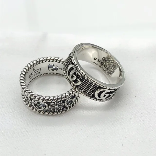 Gucci Silver Black Engraved Interlocking G Logo Oxidized Detailing Ring 6
