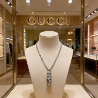 Gucci Silver Chain Cylindrical Pendant Necklace