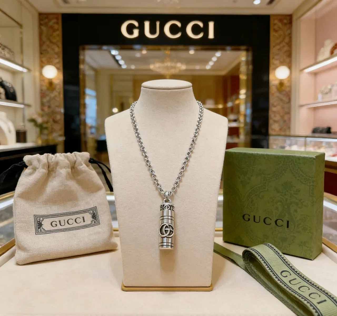 Gucci Silver Chain Cylindrical Pendant Necklace 3