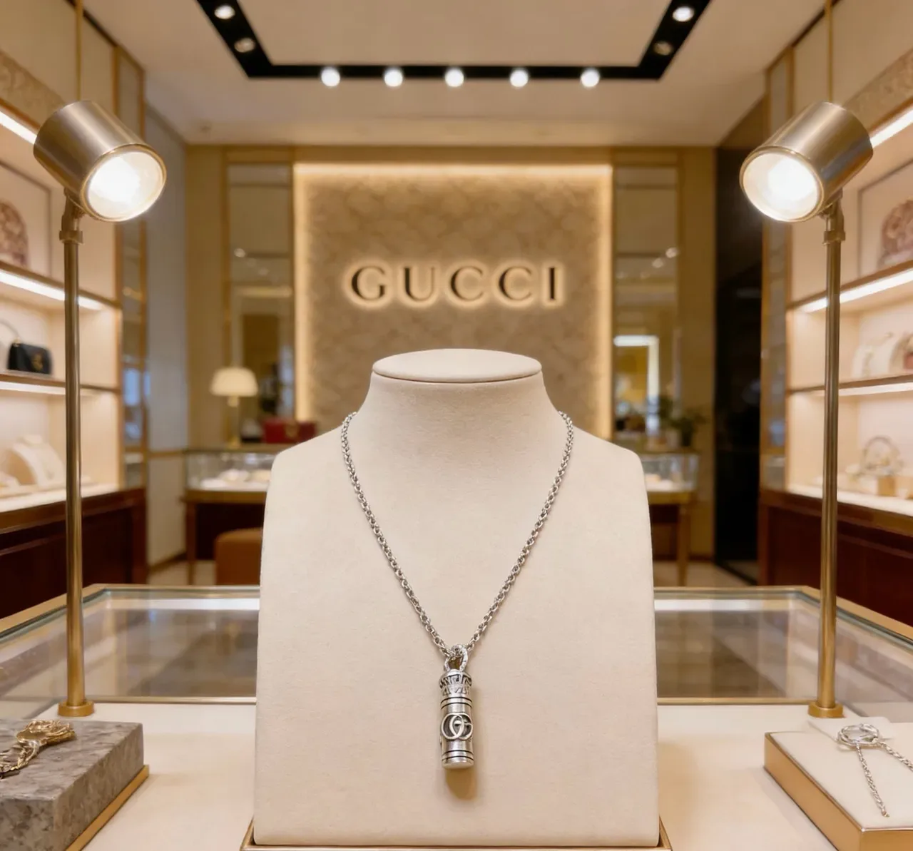 Gucci Silver Chain Cylindrical Pendant Necklace 9