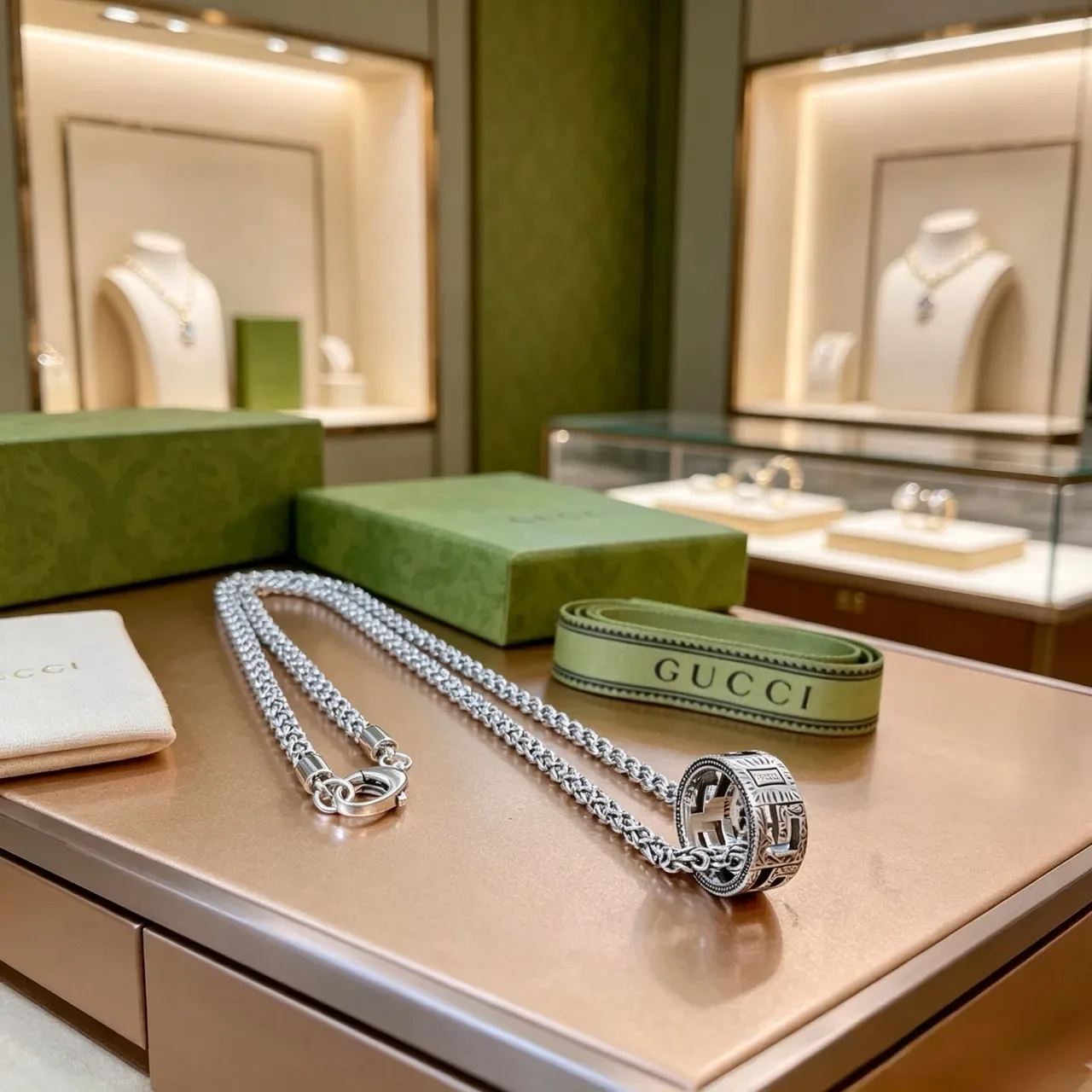 Gucci Silver Green Byzantine-Link Chain Rectangular Engraved Pendant Necklace 4