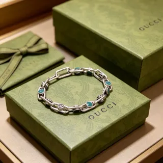Gucci Silver Green Chunky Chain-Link Turquoise Cabochon Inlays Bracelet