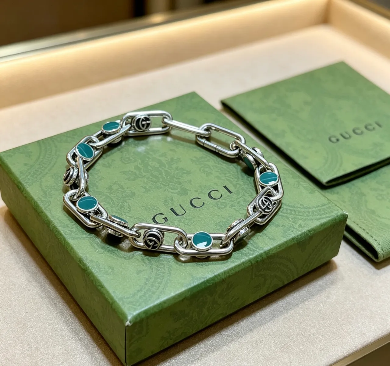 Gucci Argent Vert Épais Chaîne Maillons Turquoise Cabochon Incrusté Bracelet 2