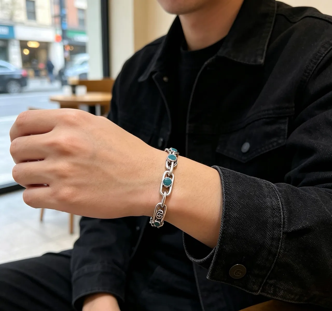 Gucci Argent Vert Épais Chaîne Maillons Turquoise Cabochon Incrusté Bracelet 3