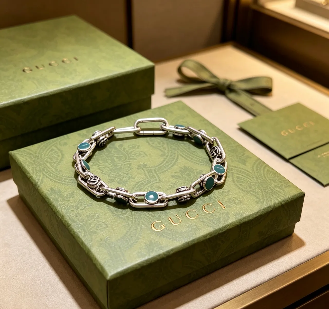 Gucci Argent Vert Épais Chaîne Maillons Turquoise Cabochon Incrusté Bracelet 4