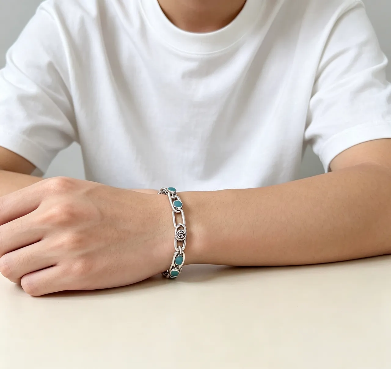 Gucci Argent Vert Épais Chaîne Maillons Turquoise Cabochon Incrusté Bracelet 5