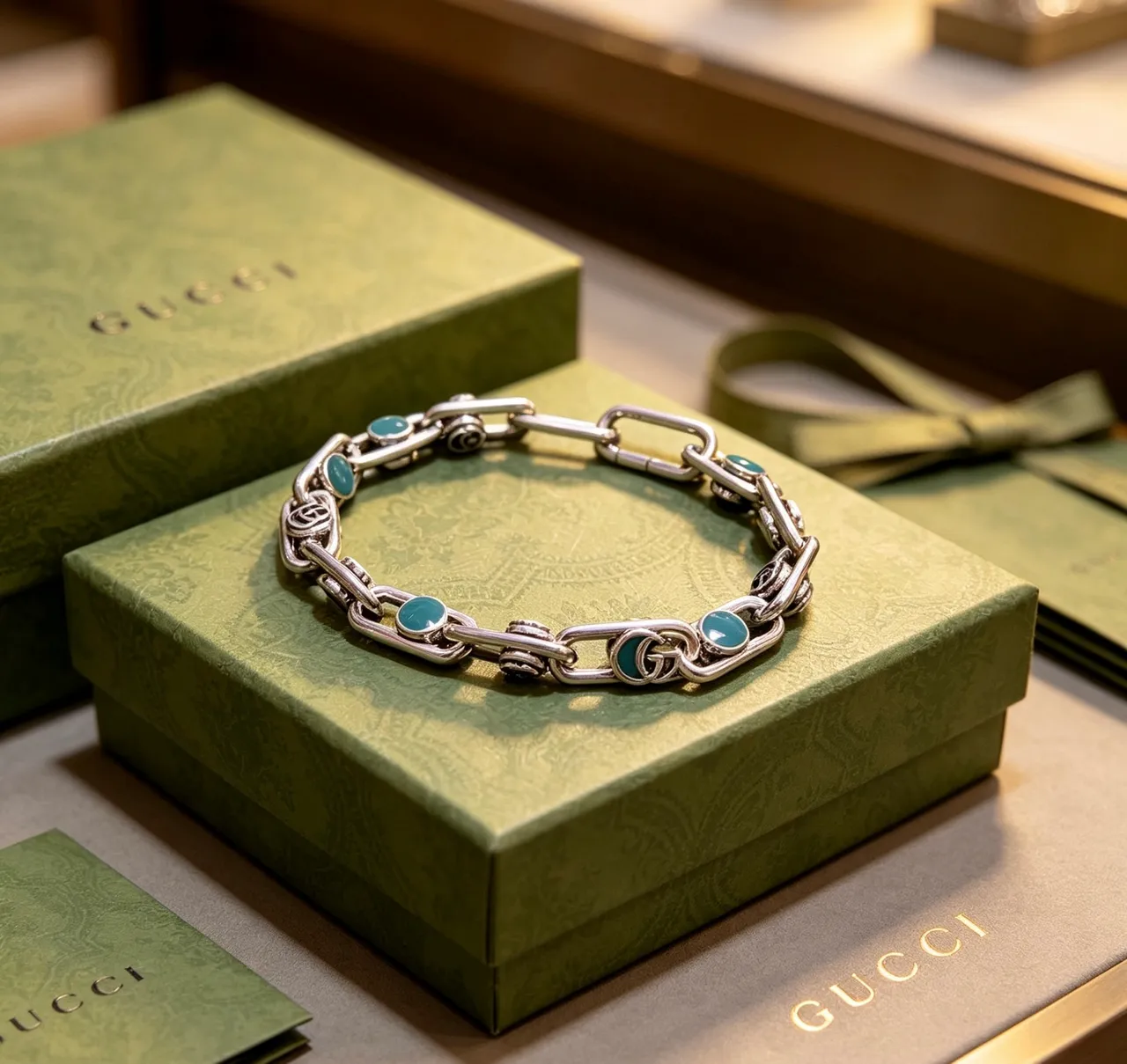 Gucci Argent Vert Épais Chaîne Maillons Turquoise Cabochon Incrusté Bracelet 6