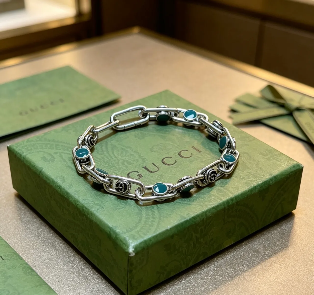 Gucci Argent Vert Épais Chaîne Maillons Turquoise Cabochon Incrusté Bracelet 7
