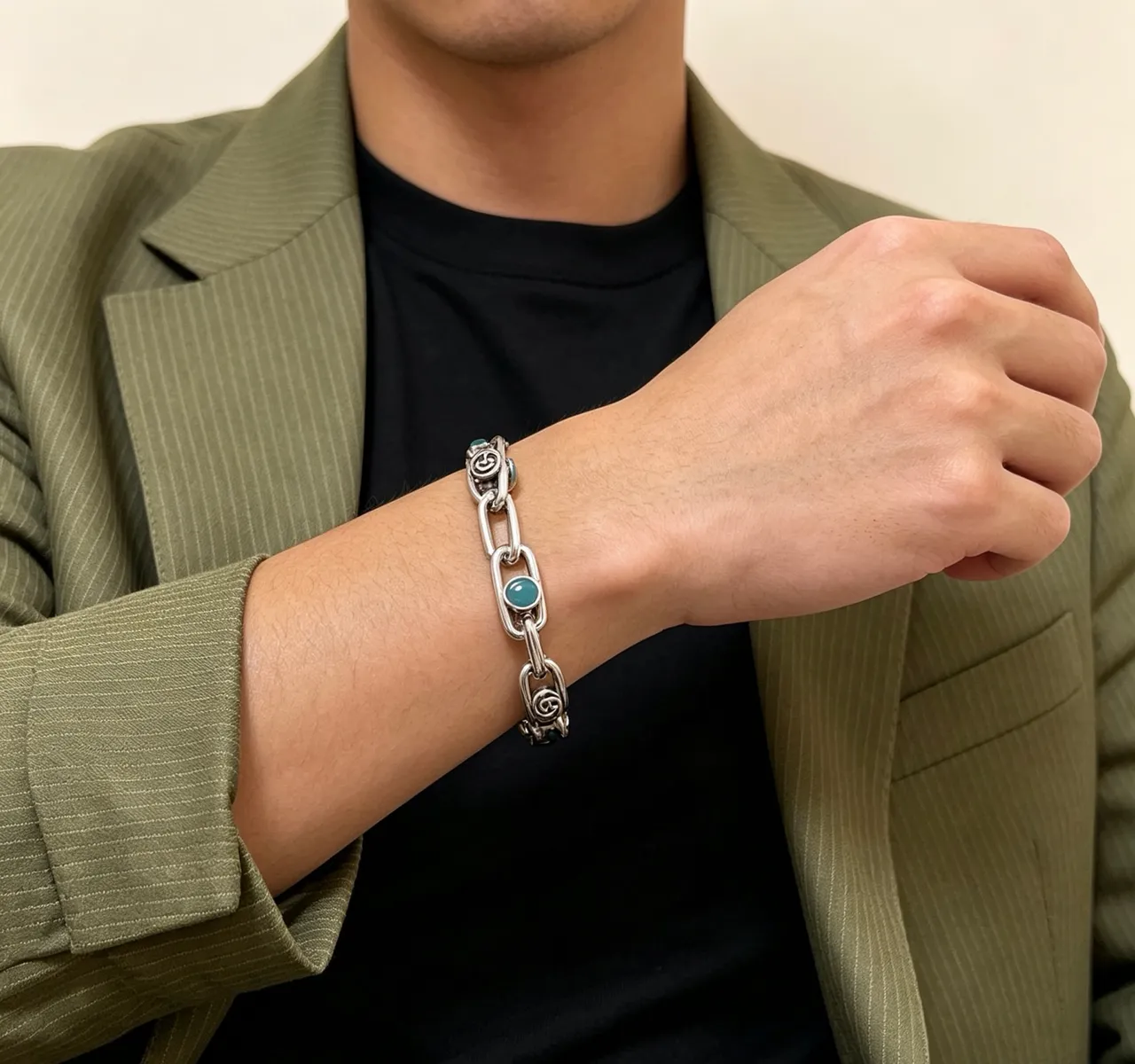 Gucci Argent Vert Épais Chaîne Maillons Turquoise Cabochon Incrusté Bracelet 8