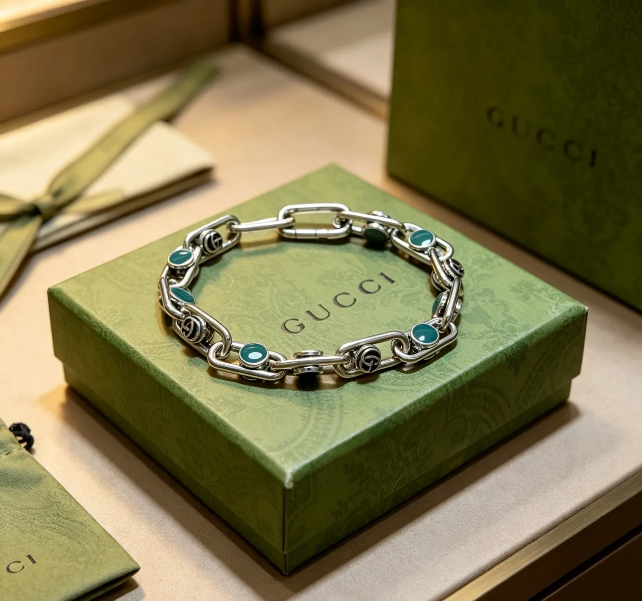 Gucci Argent Vert Épais Chaîne Maillons Turquoise Cabochon Incrusté Bracelet 9