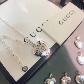 Gucci Silver Heart-Shaped Engraved Floral And Bee Motif Necklace