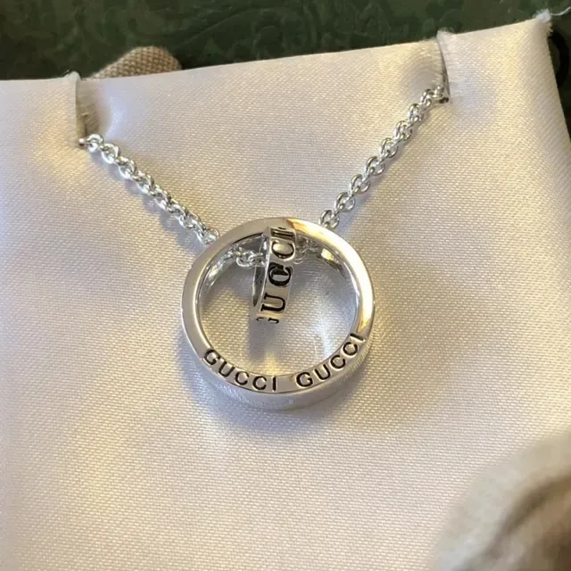 Gucci Silver Interlocking Double-Ring Pendant Engraved Branding Necklace 4
