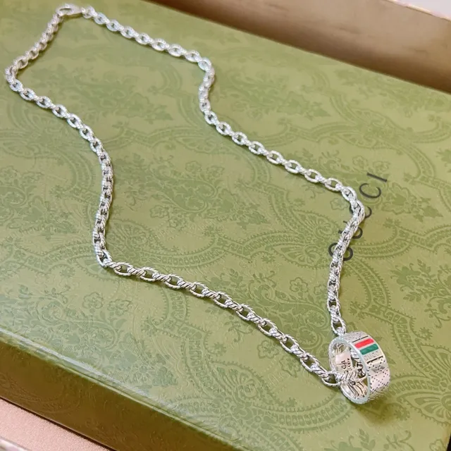 Gucci Silver Multicolor Twisted-Link Chain Integrated Ring Pendant Necklace 7