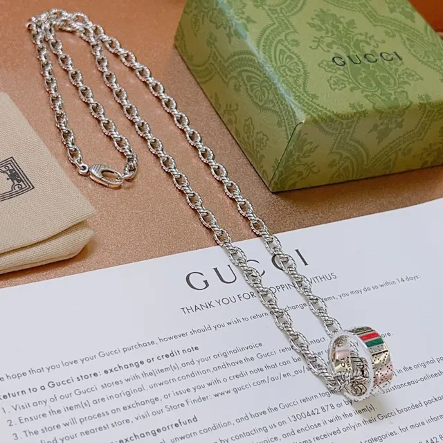 Gucci Silver Multicolor Twisted-Link Chain Integrated Ring Pendant Necklace 9