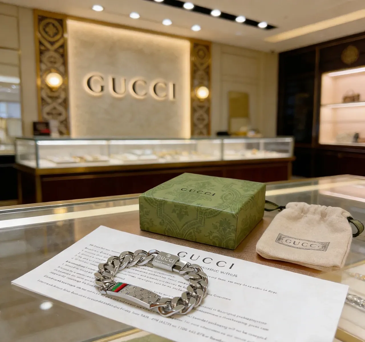 Gucci Silver Red Chunky Curb-Link Chain Rectangular Crystal-Embellished Plaque Bracelet 3