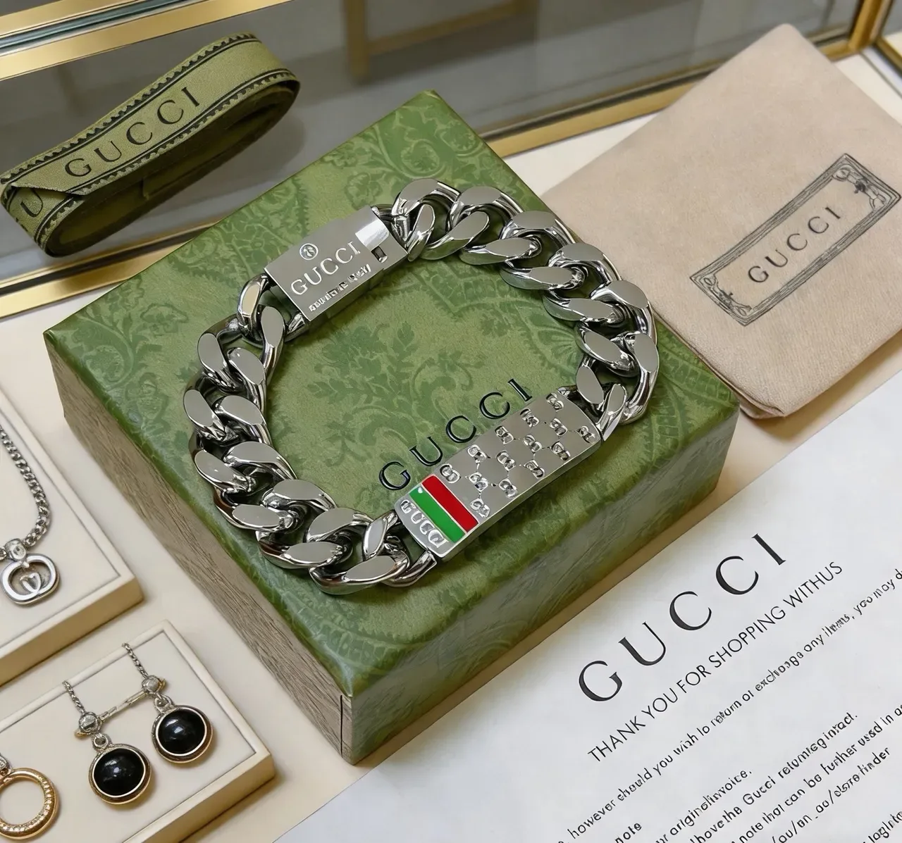 Gucci Silver Red Chunky Curb-Link Chain Rectangular Crystal-Embellished Plaque Bracelet 6