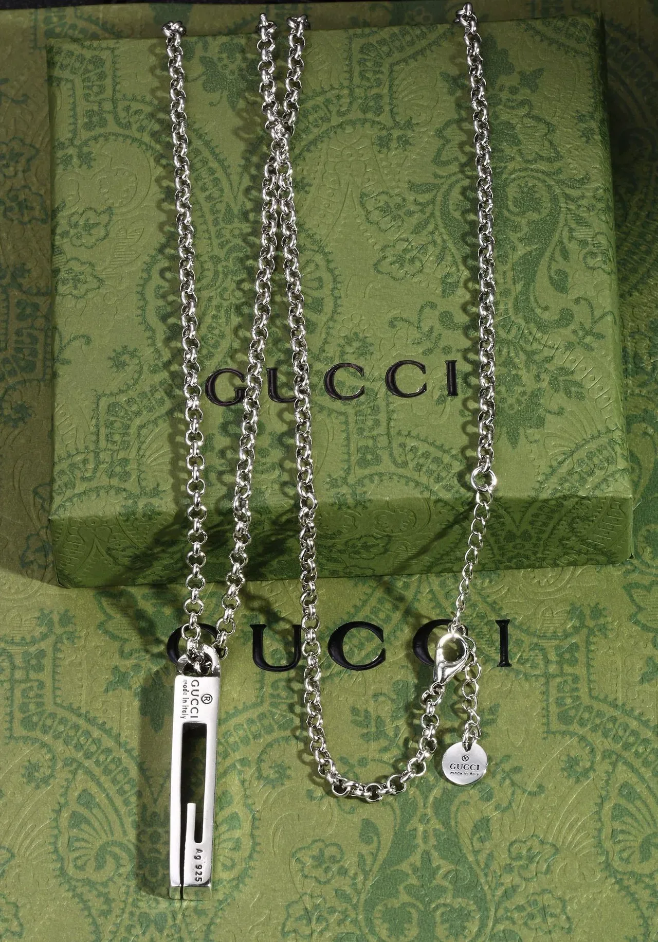 Gucci Silver-Toned Double Chain Bar Pendant Necklace 2