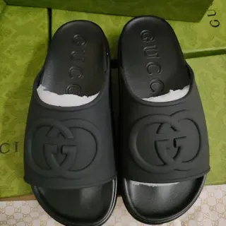 Gucci Slide Black Molded Rubber Interlocking G Logo Slippers