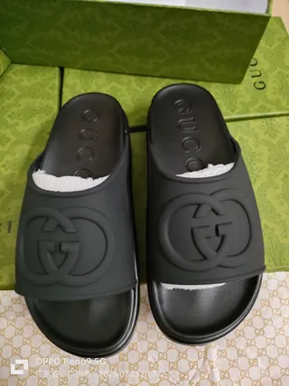 Gucci Slide Black Molded Rubber Interlocking G Logo Slippers 3