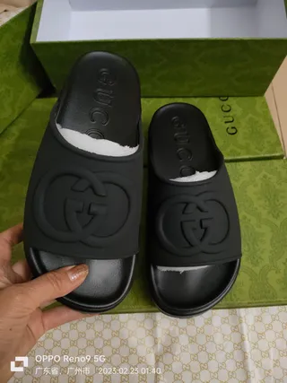Gucci Slide Black Molded Rubber Interlocking G Logo Slippers 4