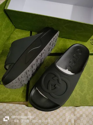 Gucci Slide Black Molded Rubber Interlocking G Logo Slippers 7